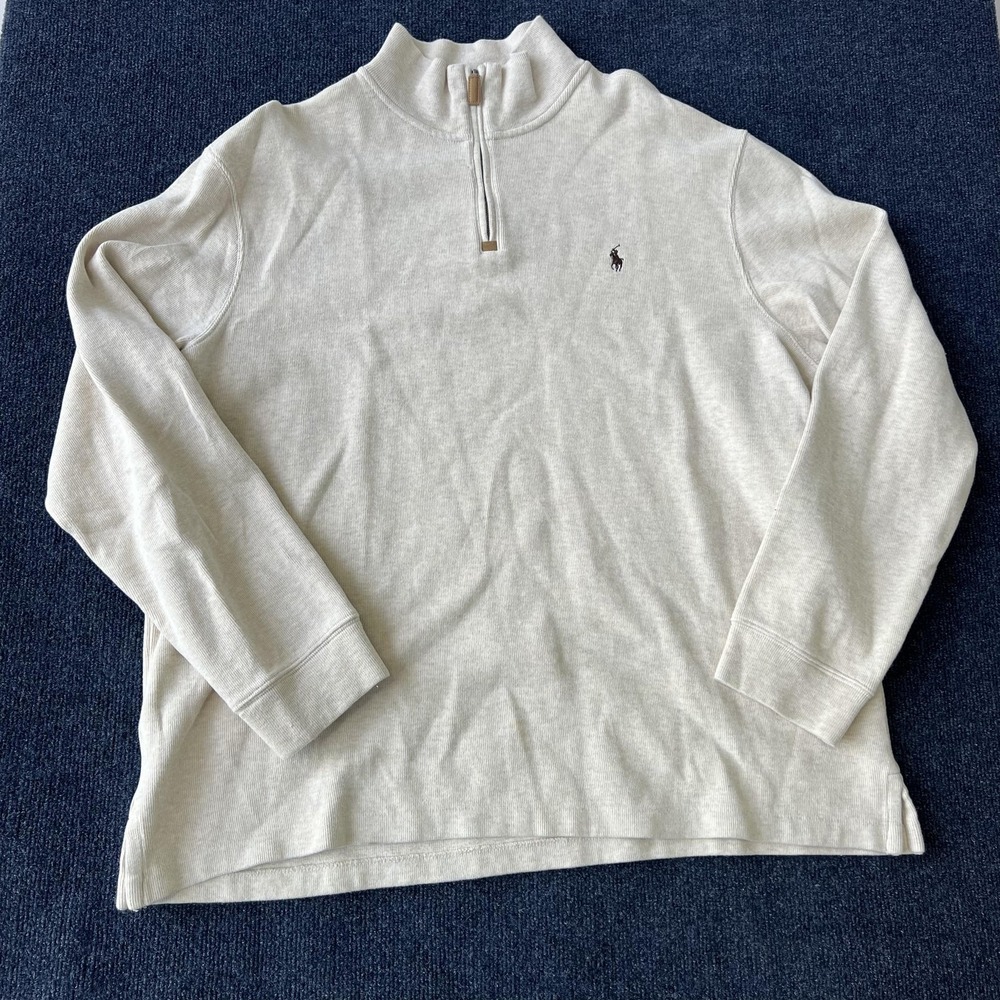 Polo‎ Ralph Lauren Pullover Sweater Mens 2XL Beige Quarter Zip Pony Logo Cotton